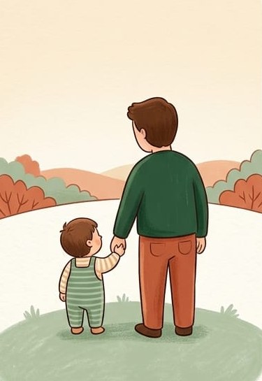 A father holds a small child's hand, looking out at a quiet landscape