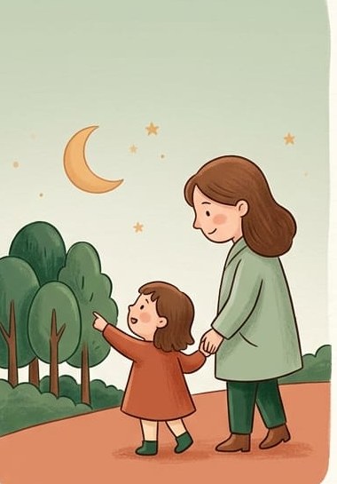 A mother and young daughter looking up at a crescent moon and stars