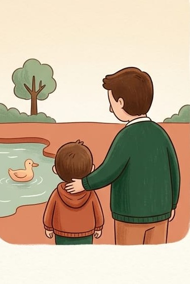 A father with a hand on his son's shoulder, both watching a duck on a pond