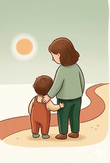 A mother walking with a young child along a path toward a soft sun