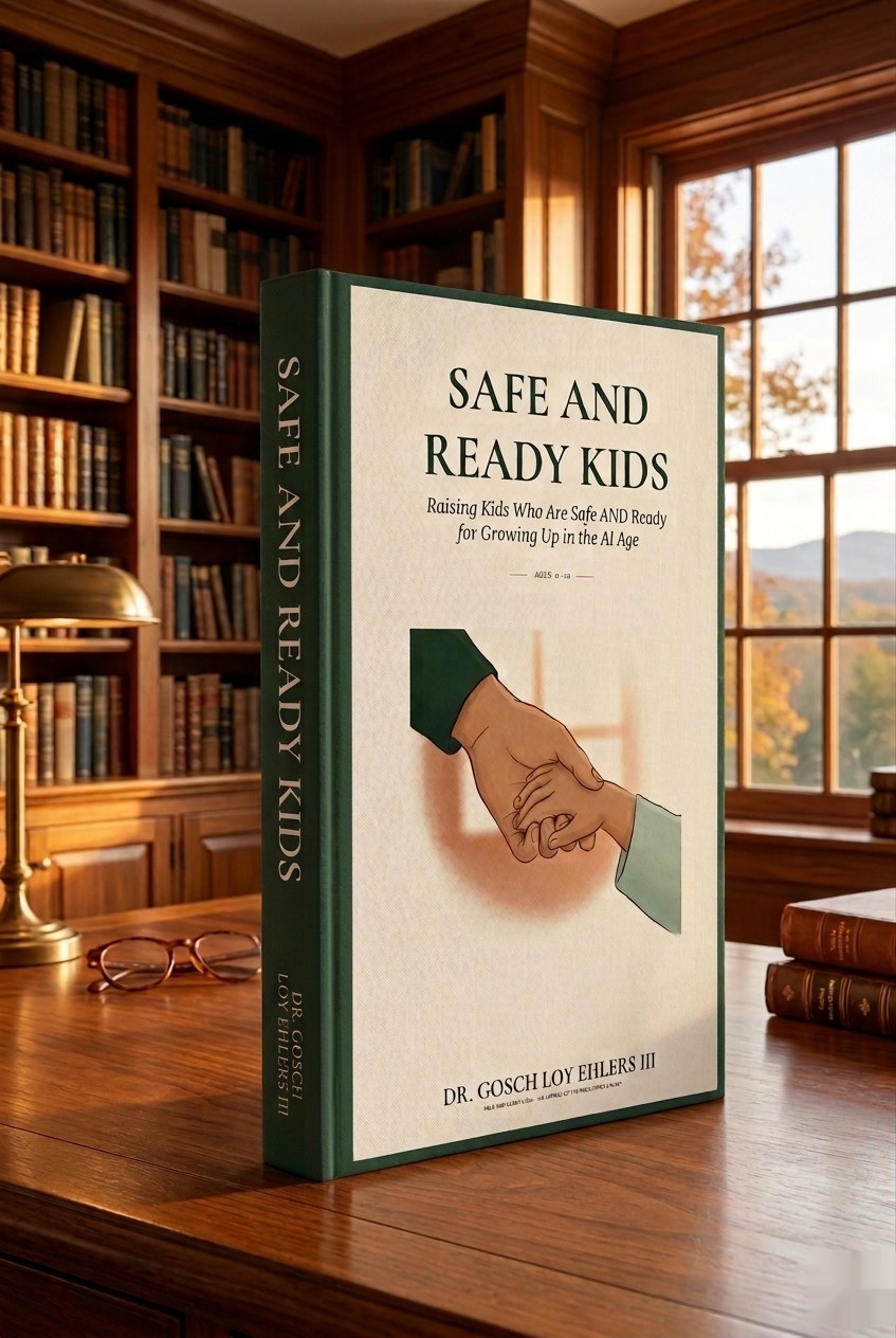 Safe and Ready Kids hardcover edition on a wooden desk in a study, with autumn light through the window