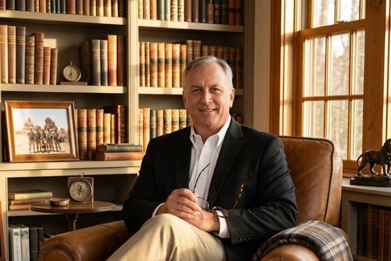 Dr. Gosch Loy Ehlers III in his study, holding his glasses, with bookshelves behind him